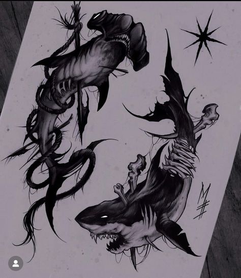 Ocean Animal Tattoos Half Sleeves, Tattoo Ideas Without Shading, Blackwork Ocean Tattoo, Blackwork Shark Tattoo, Black Sea Tattoo, Scary Ocean Tattoo, Gothic Shark Tattoo, Scary Shark Tattoo, Spooky Ocean Tattoos