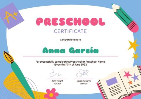 Colorful Preschool Anna Certificate Preschool Certificate, Preschool Certificates, Preschool Names, Editing Tool, Brand Kit, Editing Tools, Start Now, Certificate Templates, Free Graphic Design