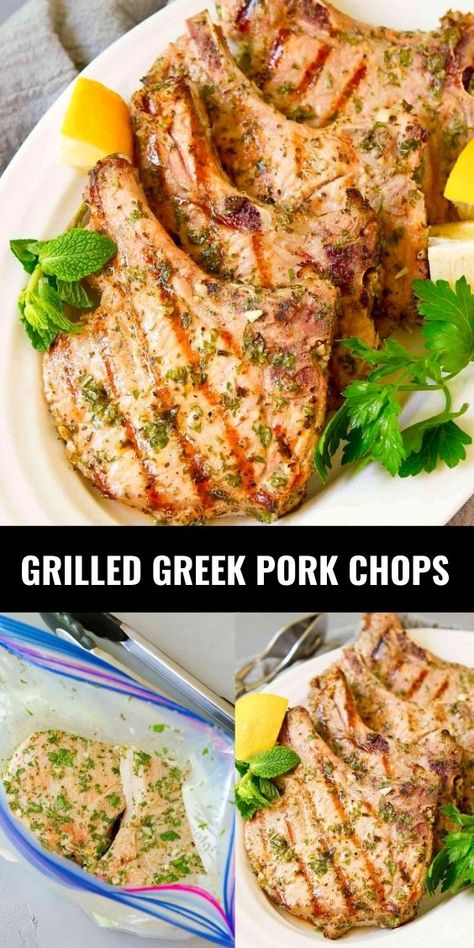 Grilled pork chops on white plate and raw pork chops in a zip top plastic bag. Greek Pork Chops, Pork Sirloin Chops, Greek Pork, Vegetarian Grilling Recipes, Pork Chop Marinade, Vegetarian Grilling, Pork Sirloin, Marinated Pork Chops, Pork Marinade