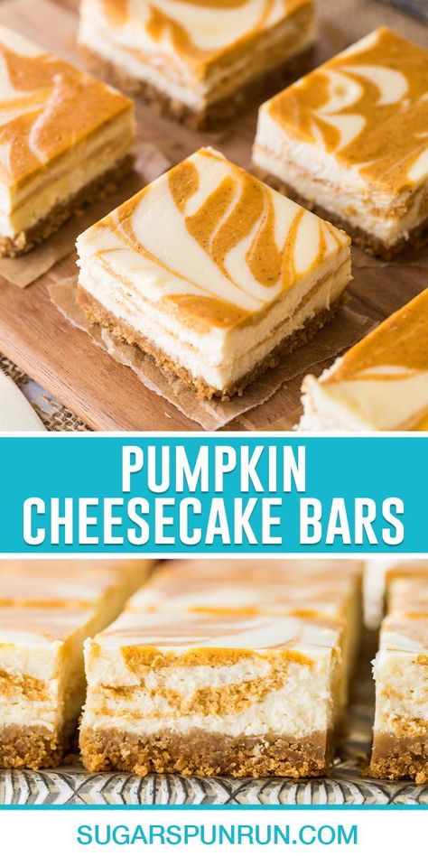 Pumpkin Cheesecake Bars are the easier and less fussy version of pumpkin cheesecake. My recipe uses just 12 ingredients, comes together quickly, and is made WITHOUT a water bath! Easy Pumpkin Cheesecake Bars, Easy Pumpkin Cheesecake, Simple Cheesecake, Pumpkin Filling, Cinnamon Roll Bake, Pumpkin Cheesecake Bars, No Bake Pumpkin Cheesecake, Pumpkin Cheesecake Recipes, Pumpkin Bars