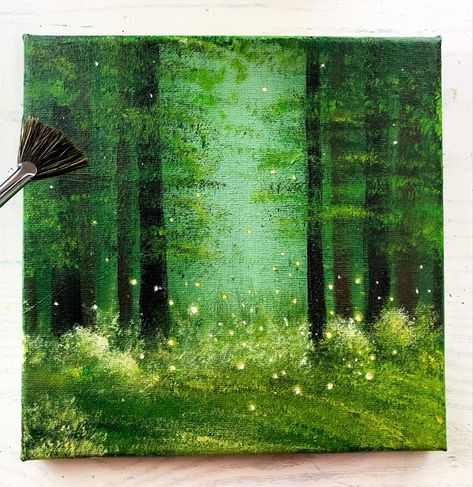 Painted Forest Background, Forest Acrylic Painting Woods, Green Water Painting, Oil Painting Forest Landscapes, Cute Forest Painting, Forest Stream Painting, Pine Forest Painting Acrylic, Firefly Forest Painting, Fireflies Painting On Canvas