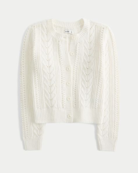 Women's Easy Cable-Knit Crew Cardigan | Women's Tops | HollisterCo.com White Cotton Cable Knit Cardigan, Cream Wool Cable Knit Cardigan, White Cable Knit Button-up Cardigan, Cable Knit Button-up Cardigan, Beige Cable Knit Button-up Cardigan, Teen Clothing, Soft Cardigan, Cable Knit Cardigan, Women's Tops