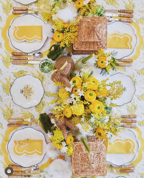 Another beautiful Tablescape. Love the vibrant yellow💛Spring and Summer outdoor dining can’t come fast enough💛 #mrsaliceshop #yellow #tablescapes #outdoordining #beautifultables Mimosa Bouquet, Adorable Rabbits, Ladies Brunch, Green Lily, Starter Plates, Linen Hand Towels, Yellow Table, Autumn Table, Yellow Springs