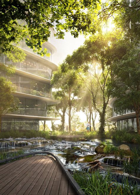 Brutalism Aesthetic, Eco Brutalism, Water Architecture, New Urbanism, Photorealistic Rendering, Green Facade, Spider Lily, University Architecture, Architectural Visualization