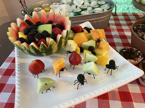 Carved watermelon with ants #miniscule Ants Birthday Party, Birthday Watermelon Carving, Bug Inspired Food, June Bug Birthday Theme, Bug Bday Party, Bug Party Snacks, Bug Shaped Food, Bug Party Food Ideas, Ants Go Marching Birthday Party