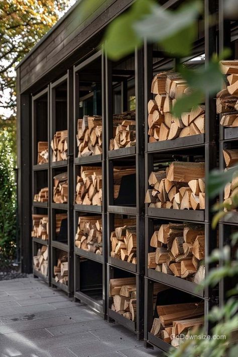 The open design of these sheds is key—it lets air circulate around your firewood, which is crucial for keeping it dry and ready to burn. Firewood Storage Outdoor, Outdoor Firewood Rack, Firewood Shed, Wood Storage Sheds, Firewood Rack, Firewood Storage, Wood Shed, Deck Decorating Ideas On A Budget, Small Backyard Design