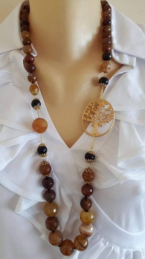 Brown Agate, White Pearl Necklace, Ceramic Pendant, Handmade Wire Jewelry, Homemade Jewelry, Jewelry Design Necklace, Girly Jewelry, Bead Jewellery, Satin Brass