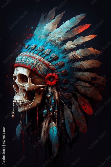 Indian Skull Tattoos Warriors, Skull With Headdress, Cherokee Symbols, Indian Headress, Skull Artwork Illustrations, Dope Artwork, Skull Portrait, Indian Skull Tattoos, Leg Tats