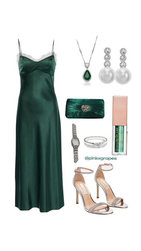 Green Slip Dress Outfit, Eyeshadow Silver, Emerald Green Outfit, Silver Strappy Sandals, Slip Dress Outfit, Green Slip Dress, Elegant Classy Outfits, Watch Green, Necklace Outfit