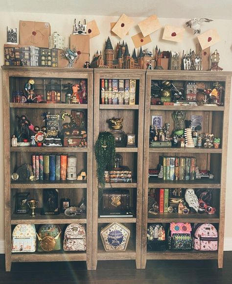 Harry Potter Bookshelf Display, Harry Potter Collection Display, Harry Potter Interior Design, Harry Potter Interior, Collectors Room Ideas, Harry Potter Bookshelf, Harry Potter Display, Display Cupboard, Goth House