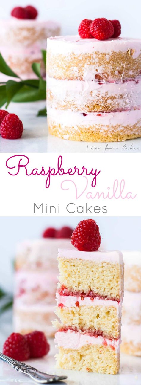 These mini raspberry vanilla mini cakes are layered with a creamy vanilla frosting and raspberry jam. | livforcake.com Creamy Vanilla Frosting, Mini Cake Recipe, Cake Slices, Desserts Ideas, Diy Easy Recipes, Birthday Party Desserts, Party Dessert Table, Dessert For Two, Dessert Party