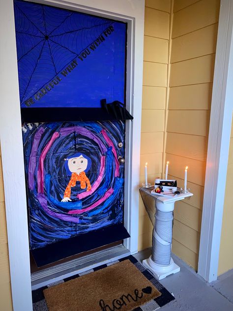 Halloween Door Decorations Coraline, Coraline Door Decorations Classroom, Caroline Door Decoration, Coraline Classroom Door, Halloween Door Decorations Contest Ideas, Coraline Door Decoration, Scary Door Decorations Halloween, Coraline Trunk Or Treat, Feather Wreath Diy