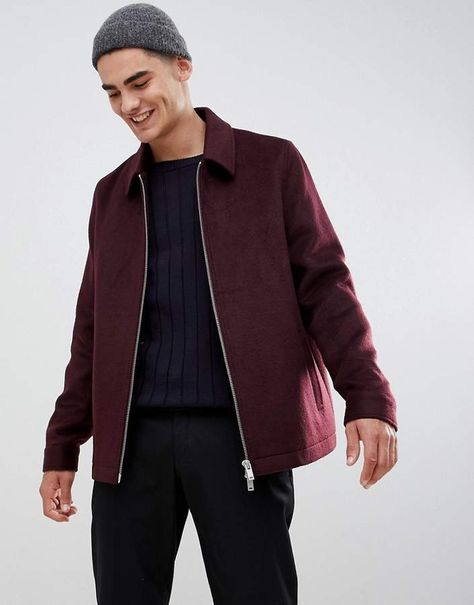 ASOS DESIGN wool mix zip through jacket in burgundy Maroon Moodboard, Oxblood Outfit, Retail Photography, Sewing Styles, Maroon Jacket, Asos Men, Burgundy Jacket, Men's Outfits, Mens Fashion Jeans