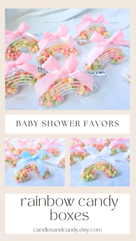 Rainbow shaped candy boxes filled with colorful candy crackers to offer your guests on your baby occasions. Pastel Rainbow Baby Shower Ideas, Baby Shower Guest Favors, Candy Crackers, Pink Blue Gender Reveal, Gender Reveal Candy, Baby Shower Candy Table, Blue Gender Reveal, Baby Shower Favours For Guests, Guest Favors