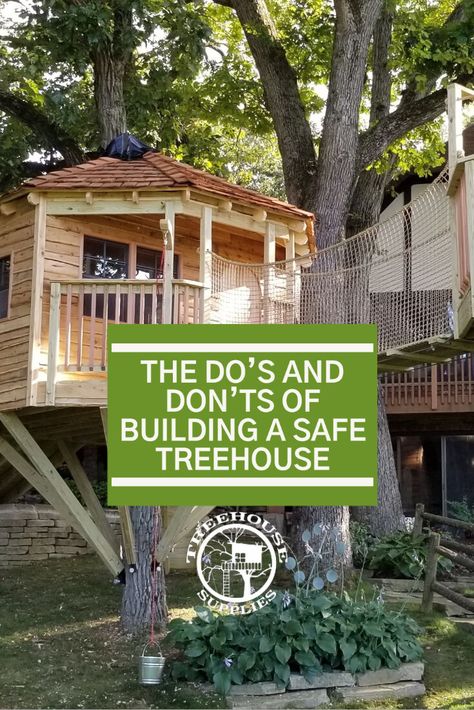 Building a treehouse can seem intimidating, with many factors to consider and the importance of safety for children or adults. It's hard to know where to start with building a treehouse, whether you're an experienced DIYer or just beginning in the world of home improvement. Therefore, we have created a guide with all the do’s and don'ts of building a treehouse. Read them all here: https://www.treehousesupplies.com/blogs/uncategorized/do-s-and-donts-of-building-a-treehouse Building A Treehouse Around A Tree, One Tree Treehouse, Shed Treehouse Combo, Building Tree House, Tree Houses Kids, Treehouse Ideas For Adults, Diy Small Tree House, 3 Tree Treehouse, Diy Playground Treehouse