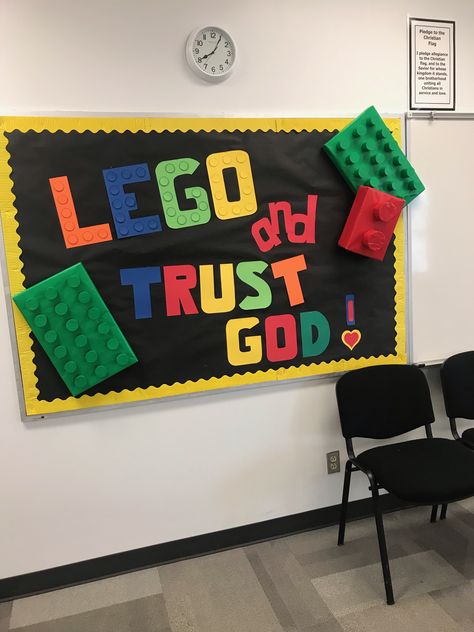 Lego And Trust God, Vbs Board Game Theme Crafts, Twists And Turns Craft Ideas, Board Game Bulletin Board Ideas, Vacation Bible School Decorations, Lego Vbs Decorations, Faith Bulletin Board Ideas, Board Game Door Decorations, Children Church Decor Ideas