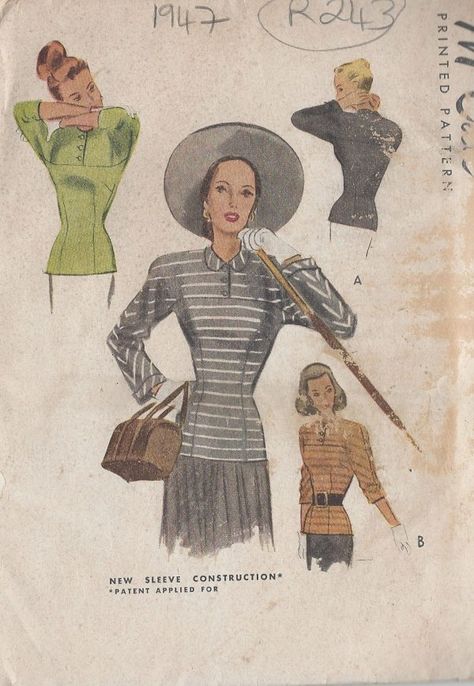 Blouse Top Pattern, 1940s Blouse, 1950s Patterns, Sewing Vintage, Body Form, Tops Blouse, Couture Vintage, Sewing Notions, Blouse Pattern