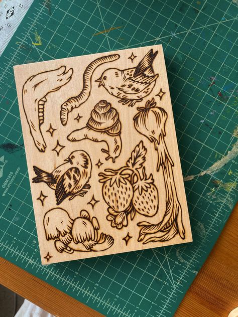 Wood-burned plaque, original master for the first wood-burned sticker sheet! 6x8 inches, wood-burned on basswood. Wood Burn Furniture, Wood Burned Plaques, Burned Wood Design, Wood Burning Inspiration, Wood Burning Drawings, Wood Burned Furniture, Witchy Pyrography, Wood Burning Art Ideas, Wood Burned Bookmarks