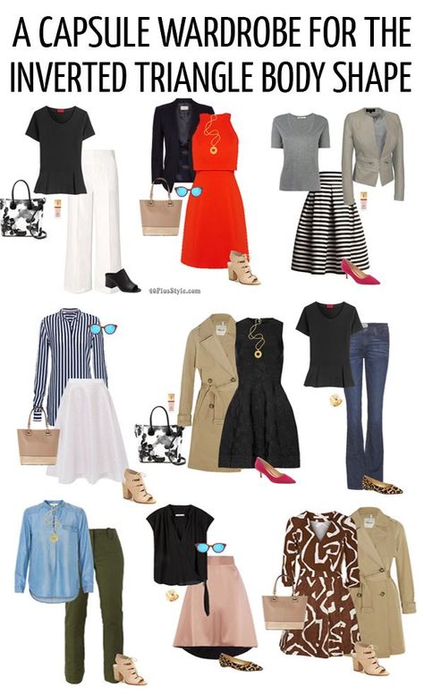 A capsule wardrobe for the inverted triangle body shape | 40+ Style - How to look and feel great over 40! | Bloglovin’ Inverted Triangle Body Shape Fashion, Inverted Triangle Body Shape Outfits, V Shape Body, Triangle Body Shape Fashion, Inverted Triangle Fashion, Triangle Body Shape Outfits, Pear Shape Fashion, Inverted Triangle Outfits, Inverted Triangle Body Shape