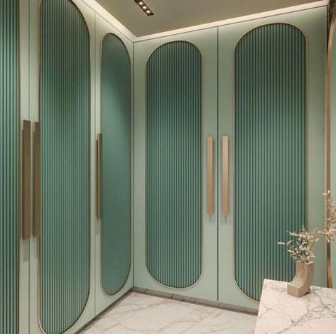 Wardrobe With Panelling, Royal Wardrobe Design, Textured Laminate Wardrobe, Green Wardrobe Design, Wooden Wardrobe Ideas, L Shape Wardrobe Design, L Shape Wardrobe, Cupboard Decoration, Wooden Door Decor