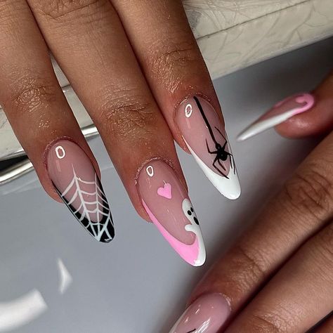 👻🕷️💞 Should I bring back Almond Nails?! 😍😍😍 lmkkk!! Inspo: @nailsxlizeth_ <3 ☠︎︎ ☠︎︎ ♡ ♡ Using @notpolish_nails Gloss-It Gel Top Coat… | Instagram Pink Halloween Nails Acrylic Almond, Pink Spooky Nails Almond, Pink Halloween Nails Almond, Almond Nails Designs Halloween, October Nails Almond, Almond Halloween Nails, Notpolish Nails, Pink Halloween Nails, October Nails