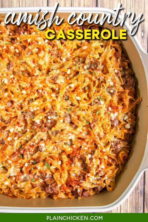 Amish Country Casserole - comfort food at its best!! Hamburger, Tomato soup, cream of mushroom, onion, garlic, milk, Worcestershire sauce, egg noodles and parmesan cheese. SO simple and tastes amazing! Everyone cleaned their plate!!! Makes a great freezer meal for an easy weeknight dinner. #groundbeef #casserole #familydinner #pasta Chicken Corn Casserole, Amish Country Casserole, Garlic Milk, Country Casserole, Hamburger Steaks, Amish Chicken, Hamburger Casseroles Recipes, Sauce Spaghetti, Comfort Casseroles