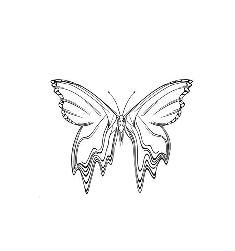 Melting Moth Tattoo, Melting Butterfly Drawing, Wavy Butterfly Tattoo, Butterfly Domino Effect Tattoo, Drip Tattoo Design, Distorted Butterfly Tattoo, Melted Tattoo Design, Dripping Tattoo Ideas, Split Butterfly Tattoo