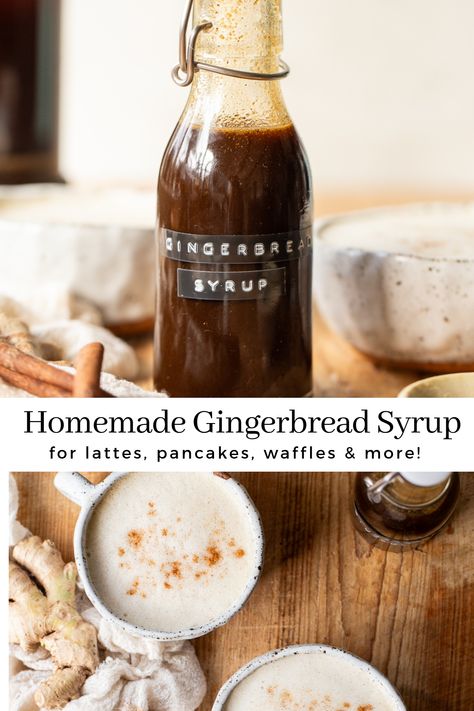 This Homemade Gingerbread Syrup is the perfect way to make gingerbread lattes at home! This healthier homemade coffee syrup is refined sugar-free and sweetened with maple syrup and coconut sugar. So good drizzled on pancakes, waffles, and ice cream! Gingerbread Simple Syrup Recipe, Gingerbread Syrup For Coffee, Gingerbread Coffee Syrup, Healthy Maple Syrup, Waffles And Ice Cream, Best Homemade Coffee, Pancake Syrup Recipe, Homemade Coffee Syrup, Lattes At Home