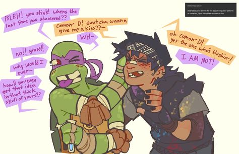 It looks like your doing some little art requests! Can you do some Raph angst from your au/fanfic/story thing? It’s okay if... Casey X Donnie, 2012 Tmnt, Teenage Turtles, Tmnt Characters, Tmnt Comics, Ninja Turtles Funny, Teenage Mutant Ninja Turtles Artwork, Casey Jones, Ninja Turtles Artwork