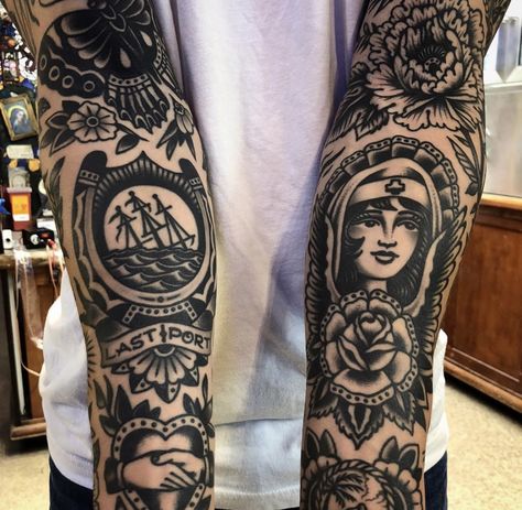 Paul Dobleman, Old Style Tattoos, American Traditional Sleeve, Black Heart Tattoos, Traditional Black Tattoo, Traditional Tattoo Inspiration, Traditional Sleeve, Tattoo Magazine, Traditional Tattoo Sleeve