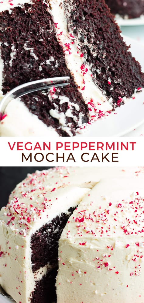 Vegan Peppermint Mocha Cake - With a moist, peppermint and coffee infused chocolate cake, to die for peppermint frosting and crushed candy canes! The perfect cake for Christmas. Peppermint Mocha Cake, Vegan Peppermint Mocha, Best Vegan Chocolate Cake, Peppermint Frosting, Healthy Vegan Dessert, Mocha Cookies, Mocha Cake, Peppermint Extract, Vegan Baking Recipes