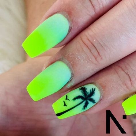 NiNi Nails on Instagram: "Palm Tree Sunset Nail design 🌴☀️ ✨How cute is Neon color  ✨Hand painted nail art ✨Set by IVIN  #nininailstampa💅🏽 #nailsdesign #nailsinstagram #nailsinspiration #palmtreenails #neoncolornails #summernails #nailsart #handpaintednailart 🌴✨☀️" Neon Palm Tree Nails, Neon Palm Tree, Neon Orange Nails, Orange Acrylic Nails, Hand Painted Nail Art, Palm Tree Nails, Sunset Nails, Neon Acrylic Nails, Neon Green Nails