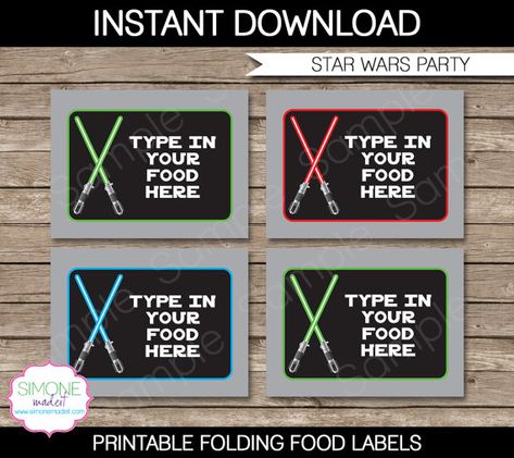 Star Wars Party Food Label or Food Buffet Tag - Lightsaber - INSTANT DOWNLOAD and EDITABLE template - type your own text in Adobe Reader Star Wars Food Labels, Star Wars Essen, Star Wars Party Printables, Star Wars Party Food, Star Wars Printables, Food Label Template, Star Wars Baby Shower, Star Wars Theme Party, Star Wars Food