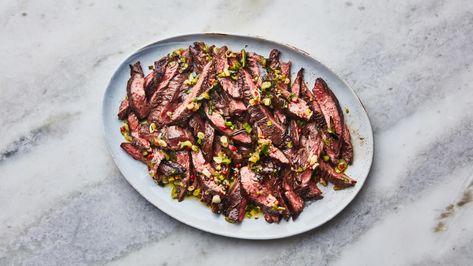 Steak with Grilled Scallion Salsa Verde Recipe | Bon Appétit Salsa Verde Recipe, Mini Hamburgers, Grilled Steak Recipes, Sherry Vinegar, Grilled Chicken Recipes, Grilled Steak, Skirt Steak, Carne Asada, Salsa Verde