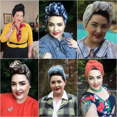 Learn six differnt way to tie a vintage style turban with this tutorial. Turbans are a fun way to acheive a vintage 1940s style. 50s Head Scarf Vintage Fashion, Vintage Headscarf Tutorial, 50s Turban, 1940s Turban, Diy Headscarf, 30s Hair, Tie A Head Scarf, Turban Diy, Turban Headband Hairstyles