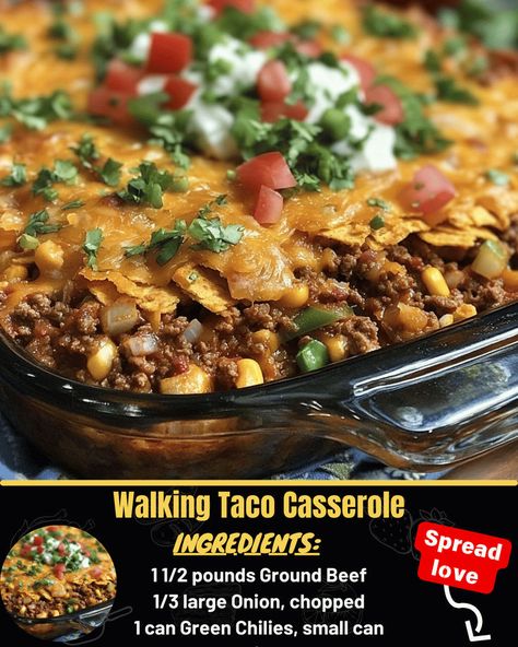 Walking Taco Casserole Walking Taco Casserole, Taco Dishes, Baked Meatloaf, Walking Taco, Mexican Casserole Recipe, Canned Green Chilies, Walking Tacos, Chicken Parmesan Pasta, Chicken Pasta Bake