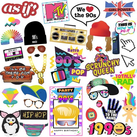 PRICES MAY VARY. ✔️Hip Hop 90s Decorations ideas - Our 90s photo props include 39pcs different pattern, make sure everyone can find their favorite props and strike a funny pose sign fits in a standard photo picture frame, for example the sunglasses, I love 90s sign, audio tape, ring sugar, electronic pet egg and much more. ✔️High Quality 90s Decorations - These funny 90s theme photo props are printed on heavy-duty cardstock paper with a photo-like shine. They have arrived cut out and carefully p 90s Photo Props, 90’s Birthday Party, 90s Hip Hop Party Decorations, 90s Themed Birthday Party, 90's Theme Party, 90s Photo Booth, Hip Hop Photo, I Love 90s, 90s Birthday Party