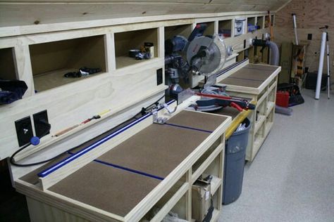 Miter Saw Bench, Workshop Bench, Lumber Rack, Woodworking Garage, Woodworking Tools Storage, T Track, Woodworking Cabinets, Woodworking Bench Plans, Woodworking Storage