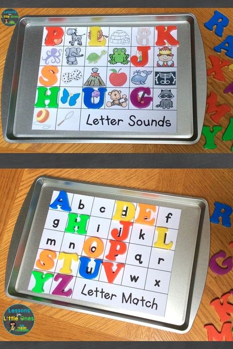 Letter Recognition And Sounds Activities, Letter Sounds And Recognition Activities, Practicing Letter Sounds Activities, Letter Intervention Preschool, Letter Sounds Activities Preschool, Kindergarten Letter Sound Games, Practicing Letter Sounds, Cookie Sheet Letter Activities, Letter Magnet Activities