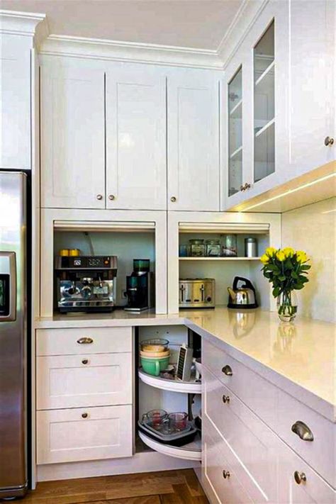 46+ Corner Kitchen Cabinets Ideas That Optimize Your Kitchen Space Part 6 ; corner kitchen cabinet ideas; corner kitchen cabinet organization; corner kitchen cabinet upper; corner kitchen cabinet lower; corner kitchen cabinet solutions; corner kitchen cabinet solutions; corner kitchen cabinet ideas upper; corner kitchen cabinet organization deep; corner kitchen cabinet diy Corner Kitchen Cabinet Ideas, Organiser Cucina, Kitchen Appliance Storage, Corner Kitchen Cabinet, Corner Kitchen, Kitchen Wall Cabinets, Best Kitchen Cabinets, Hidden Kitchen, Outdoor Kitchen Appliances