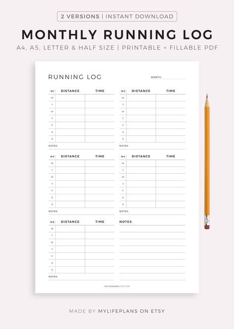 Monthly Running Log Printable Template, Running Journal, Cardio Training Log, Running Tracker, Fitness Goals, A4/A5/Letter/Half Size | Monthly Printable Planner by  Denise Byers Running Calendar, Running Tracker, Running Journal, Tracker Fitness, Traveler Notebook Inserts, Monthly Planner Printable, Health Planner, Cardio Training, Hole Punches