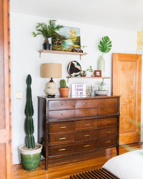 Jessica Brigham, Craftsman Bungalow, Green Kitchen Cabinets, Mid Century Dresser, Eclectic Bedroom, Kitchen Views, Craftsman Bungalows, Dresser Decor, Eclectic Design