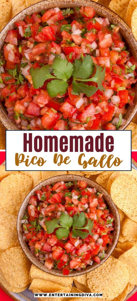 Easy Homemade Pico De Gallo | Cinco de Mayo Party Food Pico De Galo Recipes, Homemade Pico, Pico De Galo Without Cilantro, Pico De Gallo Canning Recipe, Best Pico De Gallo Recipe Ever, Quick Party Appetizers, Best Pico De Gallo Recipes, Spicy Pico De Gallo, Potluck Dinner