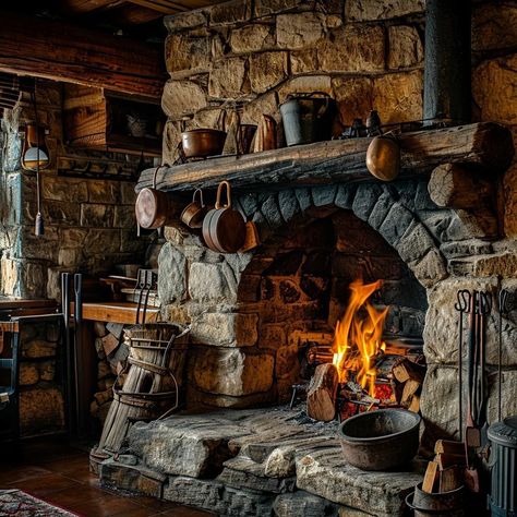 At home Fireplace warming us #pixeleditions https://mtr.bio/pixel-editions Stone Cottages Interior, Cooking Hearth, Fireplace Cooking, Stone Walls Garden, Faux Fireplace Mantels, Cabin Fireplace, Liberty House, Old Fireplace, Rustic Fireplaces