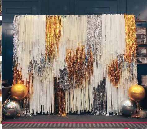 Decor For Birthday Party, Streamer Wall, Fringe Wall, Decor For Birthday, Unconventional Materials, Disco Party Decorations, Fringe Backdrops, Golden Birthday, People Talking