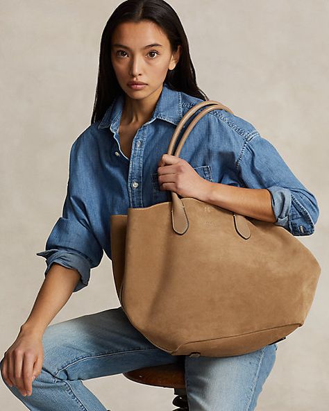 Leather-Trim Suede Large Bellport Tote for Women | Ralph Lauren® SA Suede Bag, Women Ralph Lauren, Handbags Tote, Crossbody Bags, Tote Bags, Designer Handbags, Ralph Lauren, Handbags, For Women