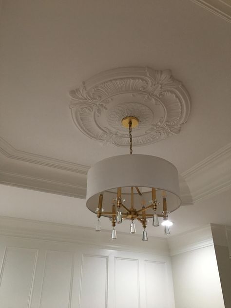 For a low cost, easy, DIY project - add vinyl window shutters and a crosshead! Modern Ceiling Medallions, Ceiling Medallion Chandelier, Traditional Ceiling Lights, Ceiling Fan Bedroom, White Ceiling Fan, Studio Inspiration, Ceiling Light Design, Ceiling Medallion, Bathroom Ceiling Light