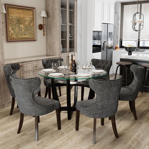 Glass Top Dining Room Table, Round Table Dining Room Chairs, Chairs For A Round Dining Table, Round Kitchen Table And Chairs, Round Dining Table For 6, Gray Dining Room, Hospitality Ideas, 60 Round Dining Table, Formal Dining Room Sets