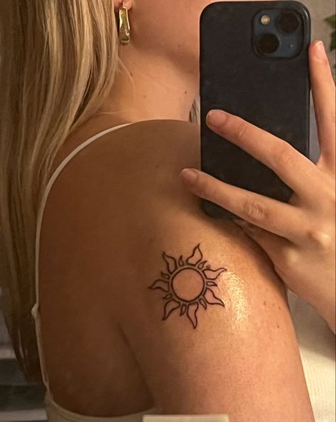 tangled, tattoo, tattoos, fine line tattoos, sticker tattoos Mini Tangled Tattoos, Tattoo Ideas Female Elbow, Strap Stamp Tattoo, Tangled Inspired Spine Tattoo, Tangled Movie Tattoos, Repunzal Tangled Tattoos, Tangle Flower Tattoo, Sun Drop Flower Tattoo, Tangled Rapunzel Tattoo Ideas