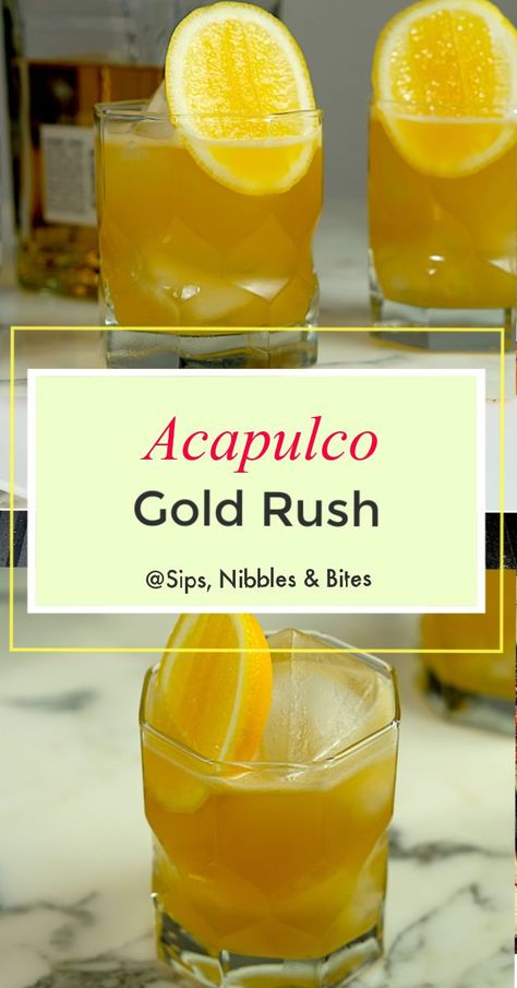 The Gold Rush cocktail recipe gets a Tequila makeover with the Acapulco Gold Rush. The original gold rush cocktail is a whiskey sour that uses honey rather than granulated sugar as the sweetener. #tequila #tequilacocktail #tequilarecipe #cocktail #cocktailrecipe #goldrush #drink #adultbeverage #mixology #mixology #bartend #bartending #homemade #party #partydrinks #CBD #cbdcocktail #acapulcogold #sativa #honey #tequilagoldrush #tequilasour #happyhour #drinkathome #bartendingathome #easycocktail Honey Vs Sugar, Tequila Sour Recipe, Gold Rush Cocktail, Top Shelf Margarita, Lemon Margarita, Gold Drinks, Cocktail Drinks Alcoholic, Sour Foods, The Gold Rush